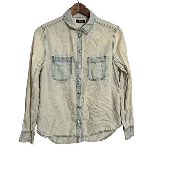 BDG Long Sleeve Faded Cotton Bleached Wash Chambray Button-up Shirt Blue Small - Picture 1 of 9